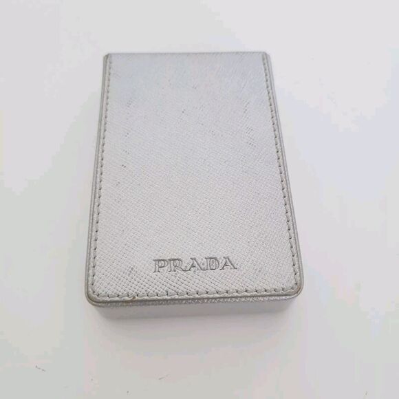 PRADA Saffiano Leather Wallet Card Phone Case Holder Silver Metalic Mini Small - Picture 1 of 6